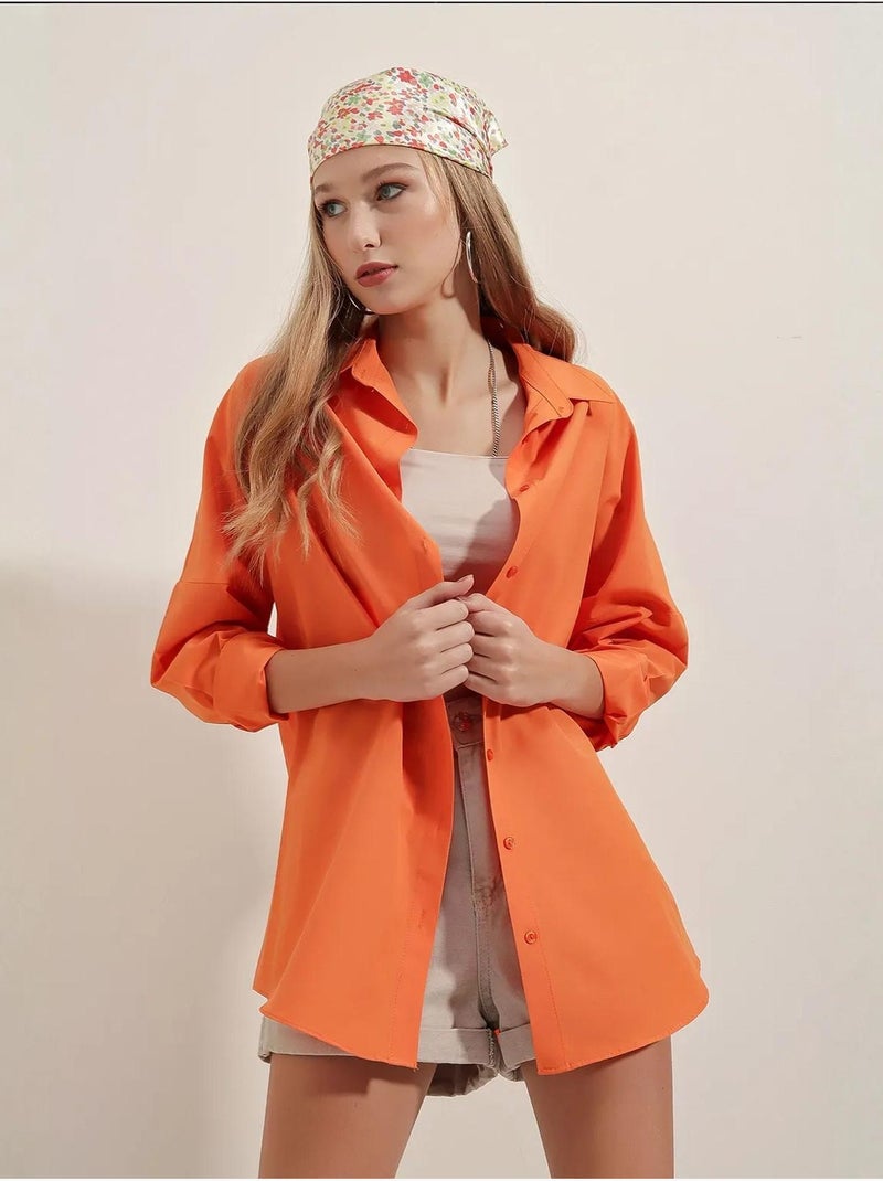 Camicia oversize in popeline con motivo e bottoni bdart Arancione - Kiabi