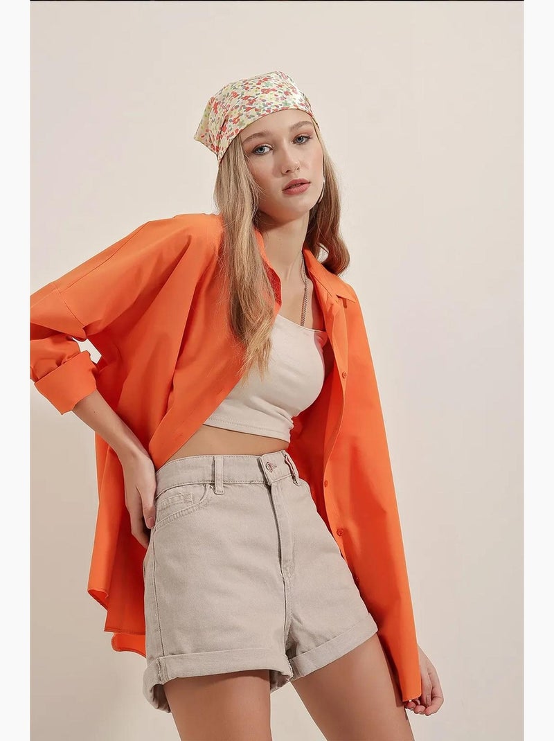 Camicia oversize in popeline con motivo e bottoni bdart Arancione - Kiabi