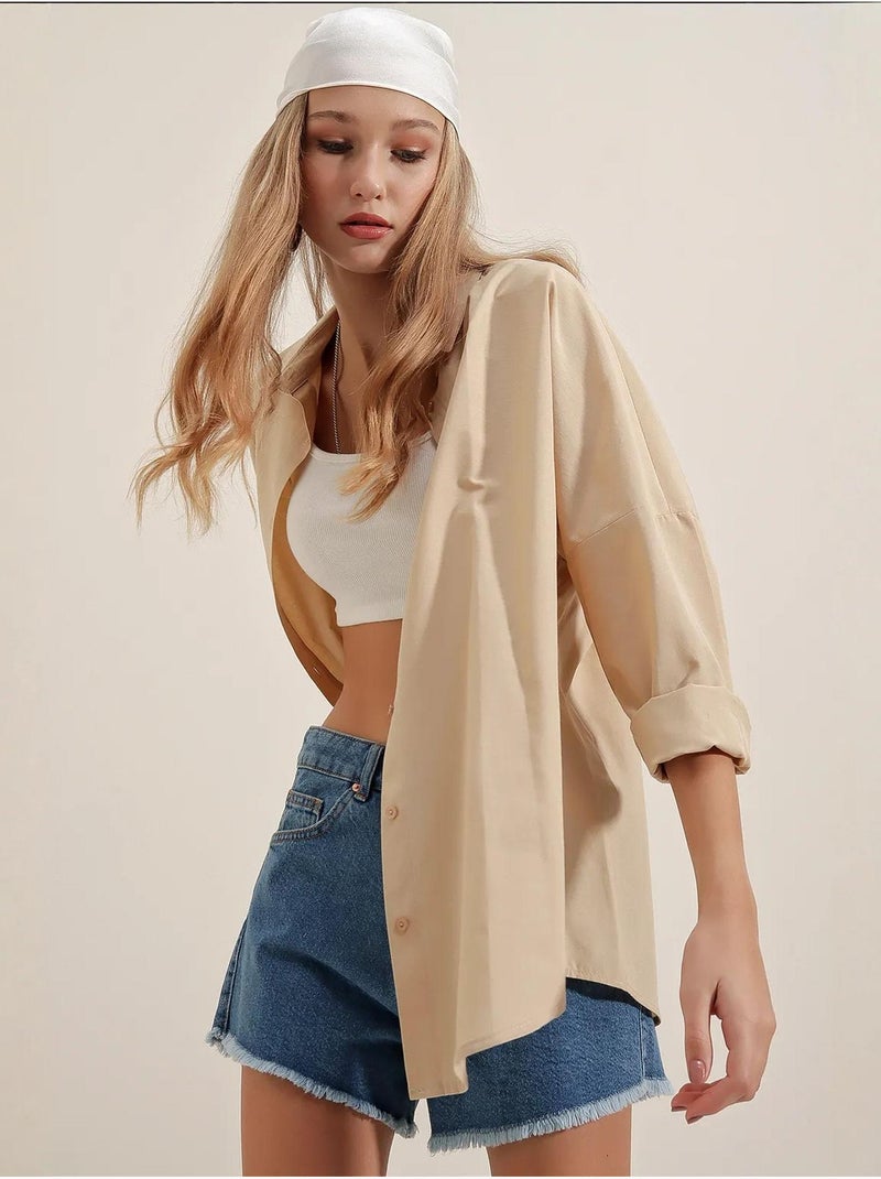 Camicia oversize in popeline con motivo e bottoni bdart Beige argilla - Kiabi