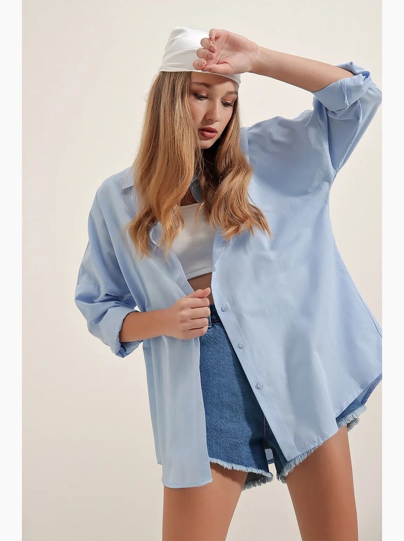 Camicia oversize in popeline con motivo e bottoni bdart Blu chiaro - Kiabi