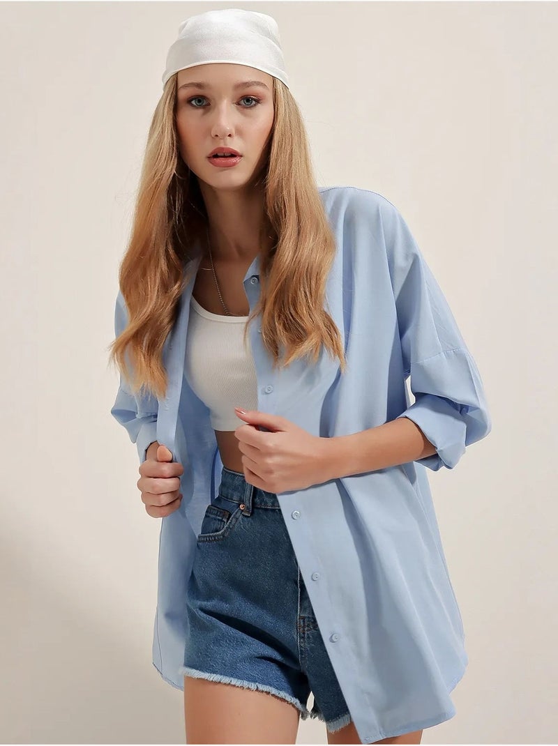 Camicia oversize in popeline con motivo e bottoni bdart Blu chiaro - Kiabi