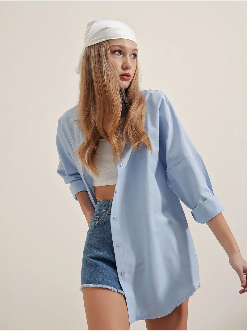 Camicia oversize in popeline con motivo e bottoni bdart Blu chiaro - Kiabi