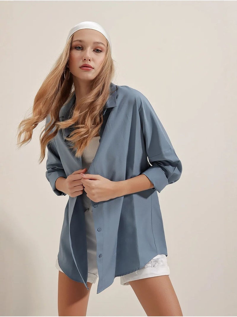 Camicia oversize in popeline con motivo e bottoni bdart Blu zaffiro - Kiabi