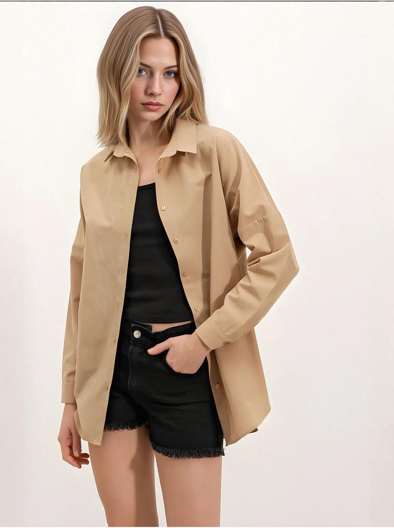 Camicia oversize in popeline con motivo e bottoni bdart Cammello - Kiabi