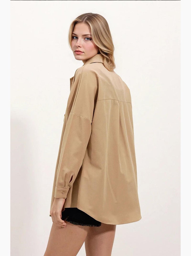 Camicia oversize in popeline con motivo e bottoni bdart Cammello - Kiabi