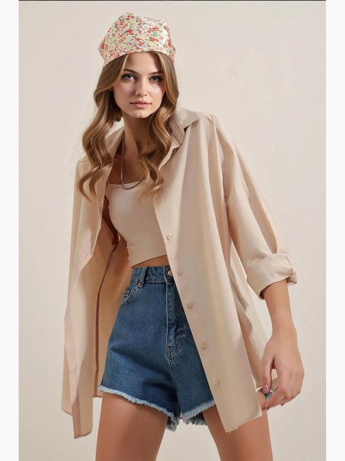 Camicia oversize in popeline con motivo e bottoni bdart - Kiabi Camicia oversize in popeline con motivo e bottoni bdart - Kiabi