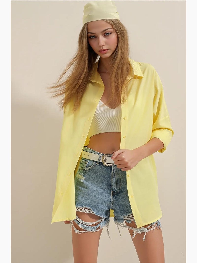 Camicia oversize in popeline con motivo e bottoni bdart Giallo limone - Kiabi