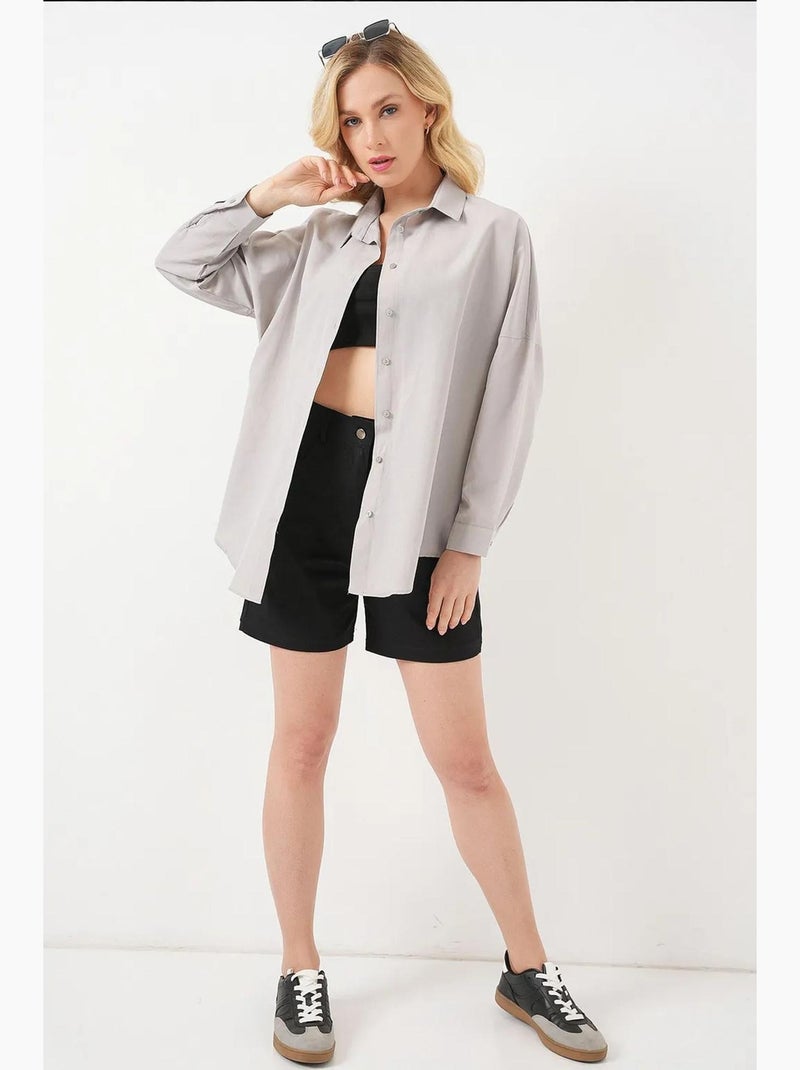 Camicia oversize in popeline con motivo e bottoni bdart Grigio chiaro - Kiabi