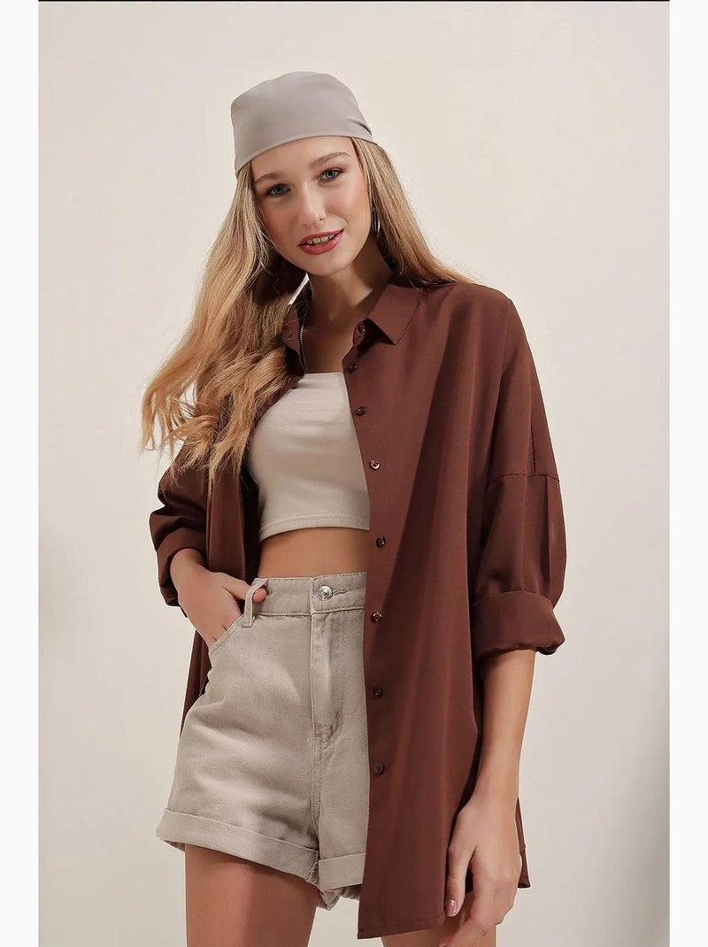 Camicia oversize in popeline con motivo e bottoni bdart Marrone - Kiabi