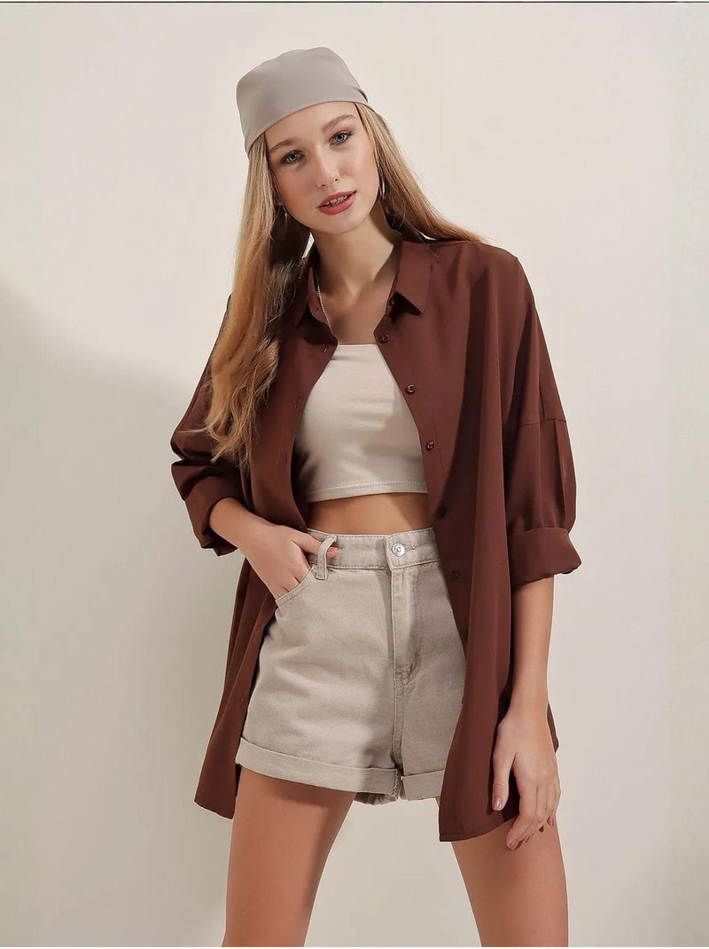 Camicia oversize in popeline con motivo e bottoni bdart Marrone - Kiabi