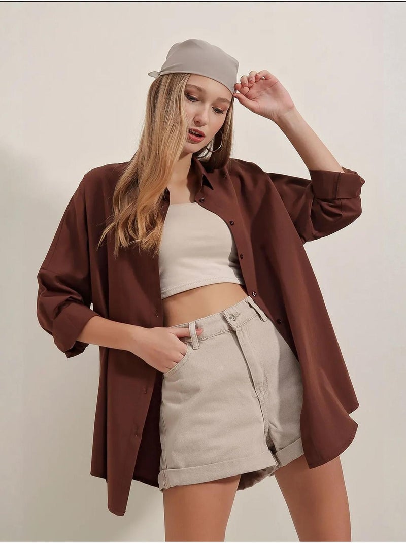 Camicia oversize in popeline con motivo e bottoni bdart Marrone - Kiabi