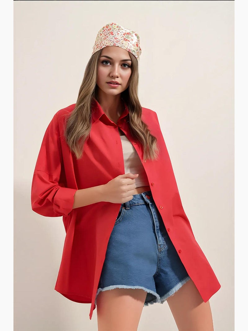 Camicia oversize in popeline con motivo e bottoni bdart Rosso - Kiabi