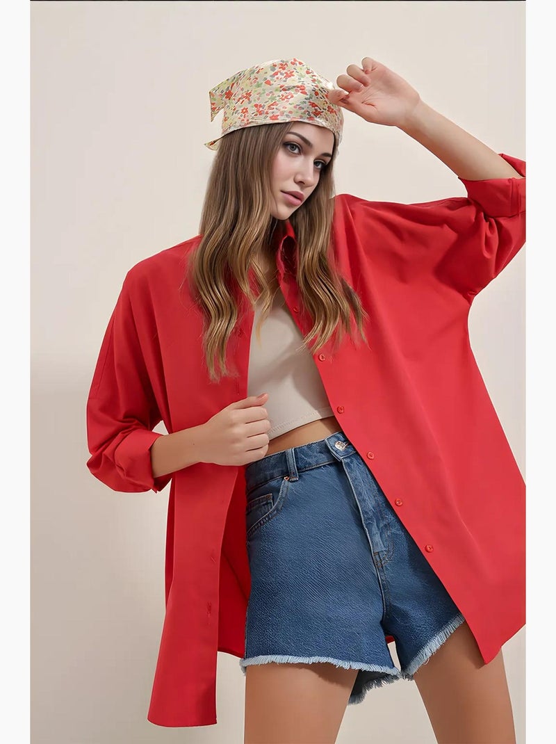Camicia oversize in popeline con motivo e bottoni bdart Rosso - Kiabi