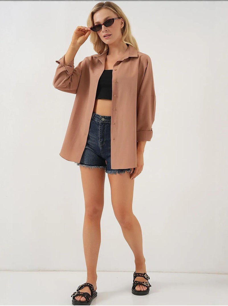 Camicia oversize in popeline con motivo e bottoni bdart Tortora - Kiabi