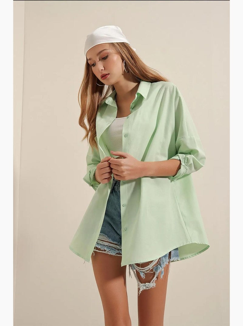 Camicia oversize in popeline con motivo e bottoni bdart Verde menta - Kiabi