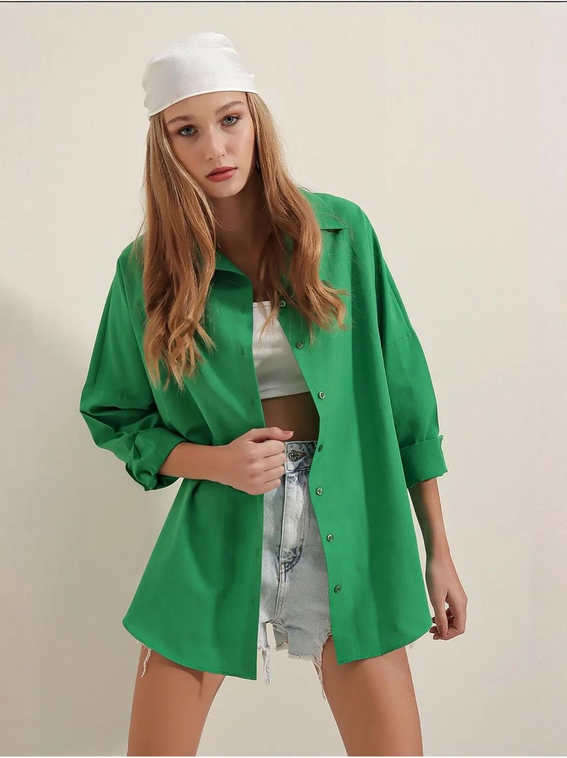 Camicia oversize in popeline con motivo e bottoni bdart Verde smeraldo - Kiabi