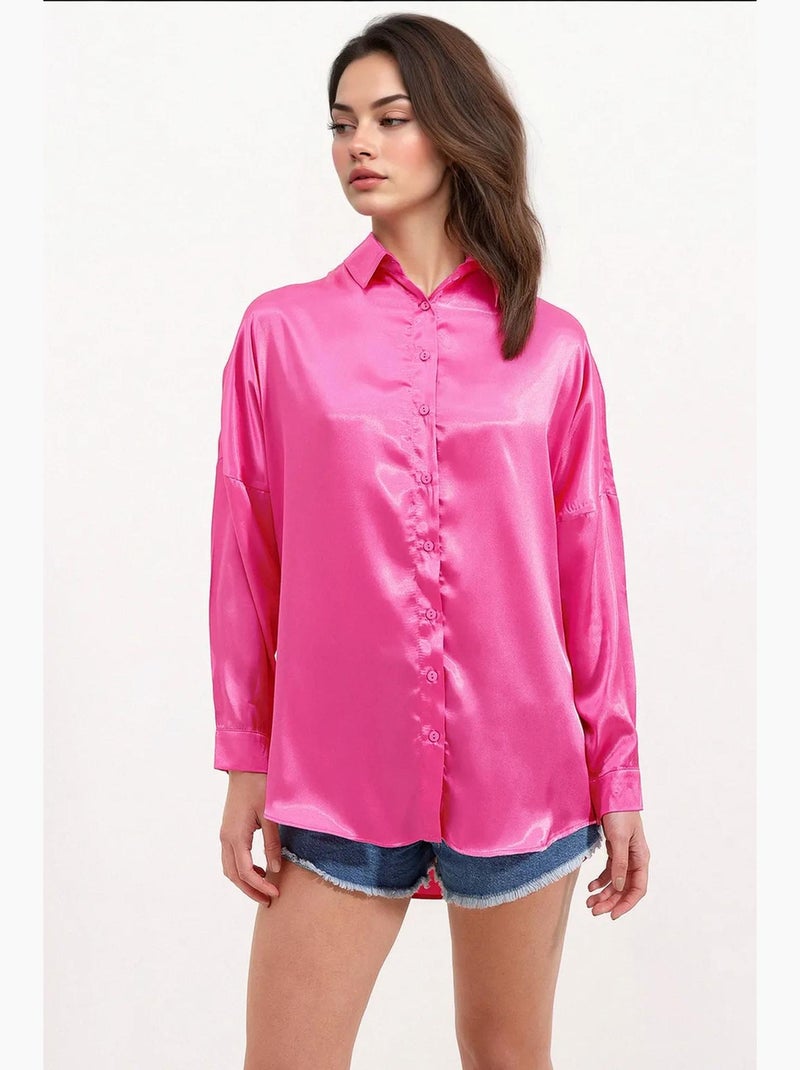 Camicia oversize in raso con bottoni sul davanti bdart Rosa fluo/Solinotes - Kiabi