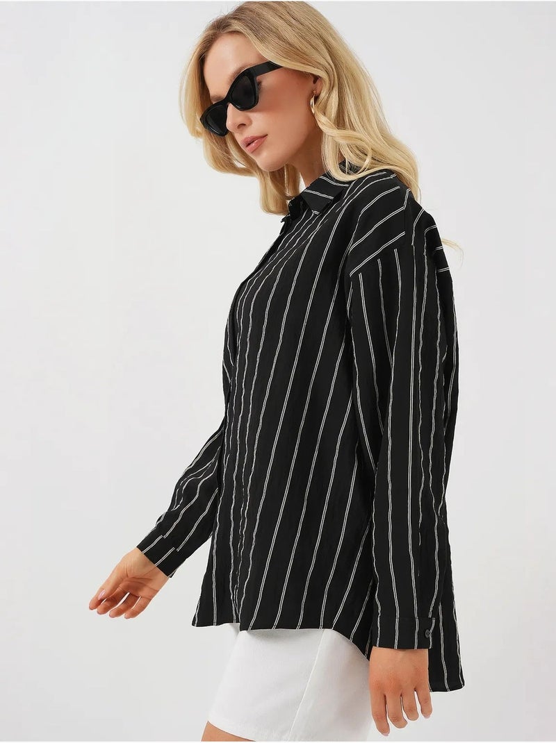 Camicia oversize testurizzata a righe con chiusura a bottoni bdart Nero - Kiabi