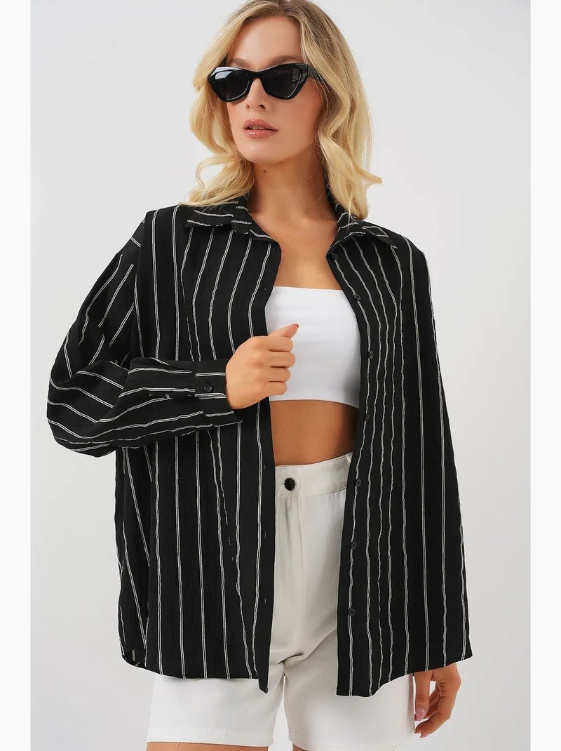 Camicia oversize testurizzata a righe con chiusura a bottoni bdart Nero - Kiabi