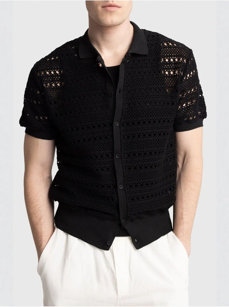 Camicia polo in maglia testurizzata con chiusura a bottoni giesto Nero - Kiabi