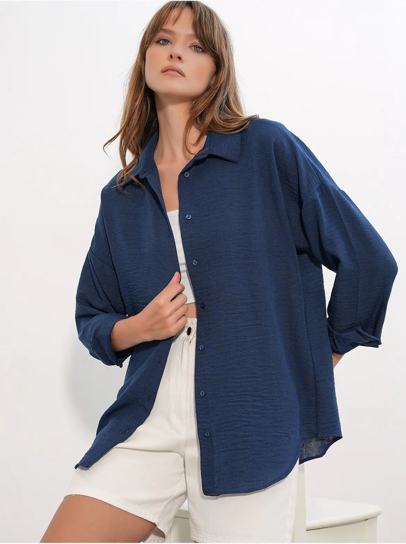 Camicia ricamata a maniche lunghe con chiusura a bottoni bdart Blu marino - Kiabi
