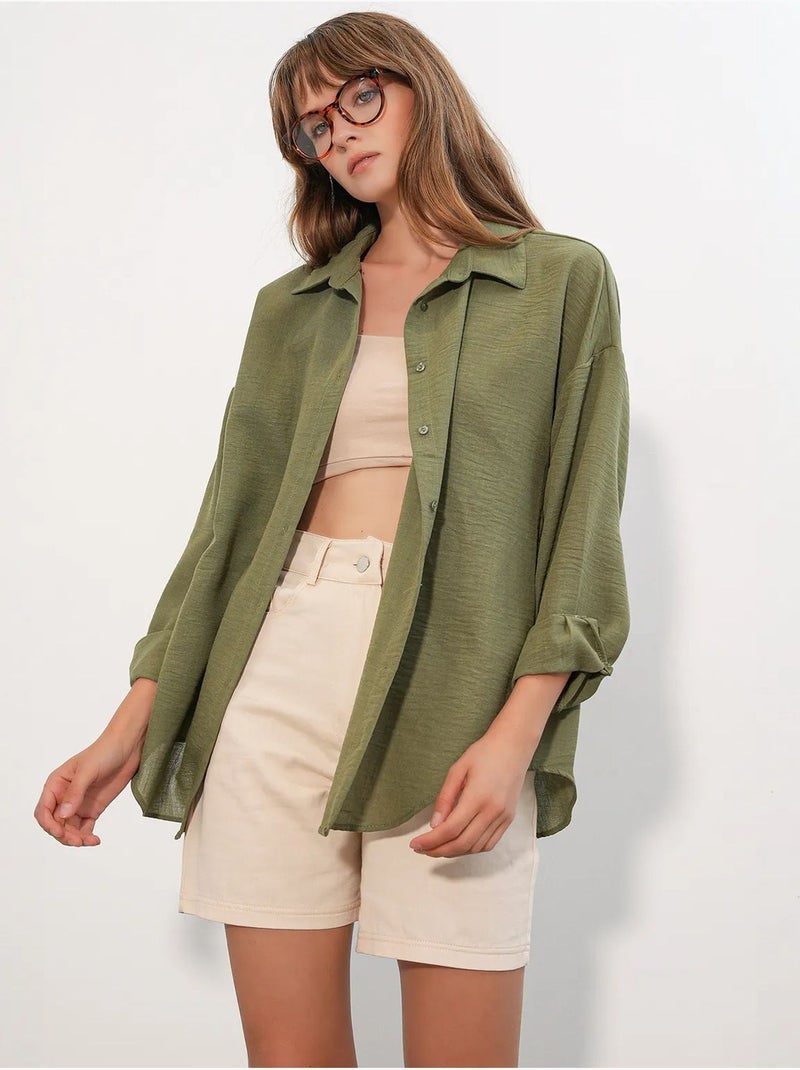 Camicia ricamata a maniche lunghe con chiusura a bottoni bdart Cachi - Kiabi