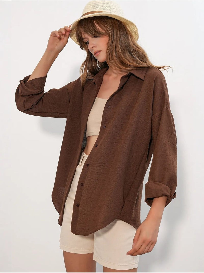 Camicia ricamata a maniche lunghe con chiusura a bottoni bdart Marrone - Kiabi