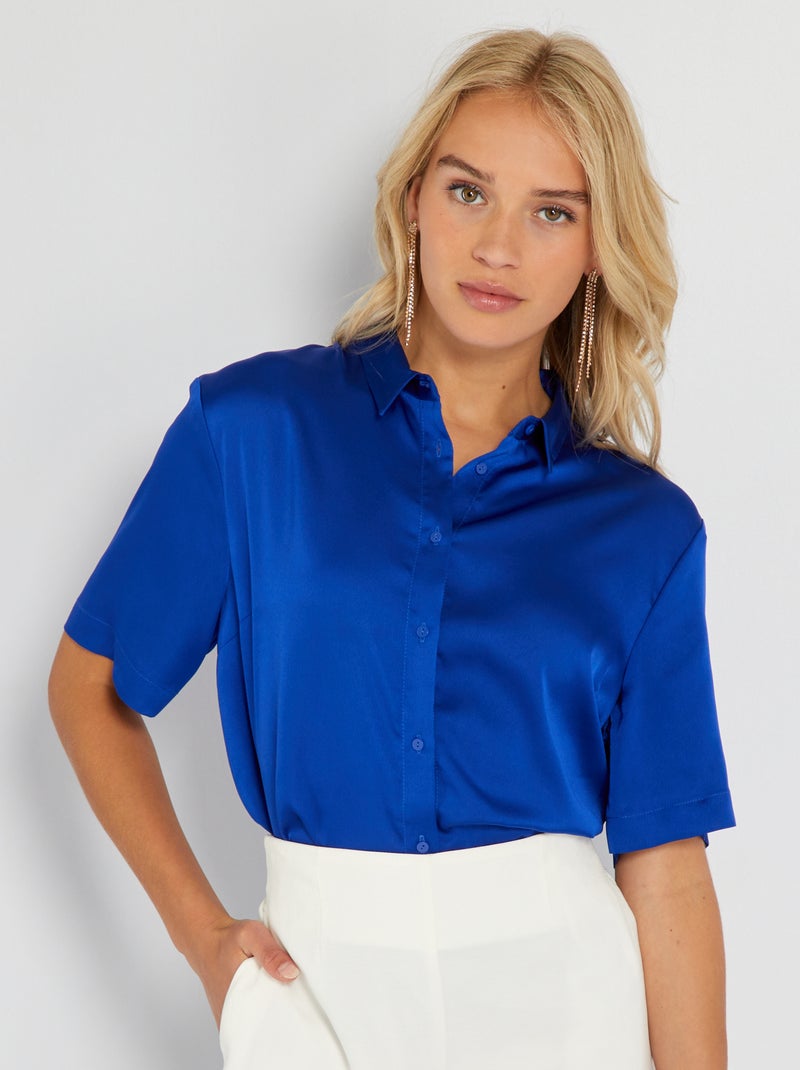 Camicia satinata a maniche corte blu - Kiabi