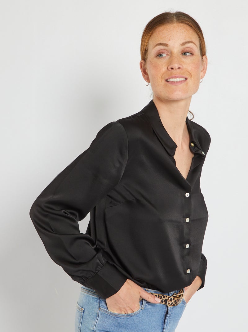 Camicia satinata con collo italiano Nero - Kiabi