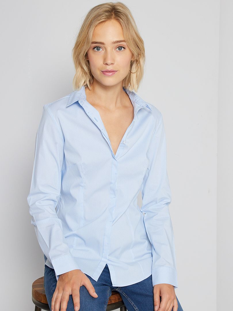 Camicia sciancrata popeline stretch a righe blu - Kiabi