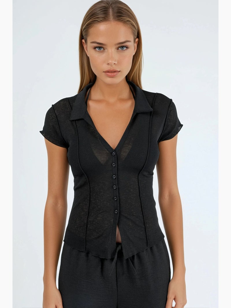 Camicia testurizzata a maniche corte con bottoni busem Nero - Kiabi