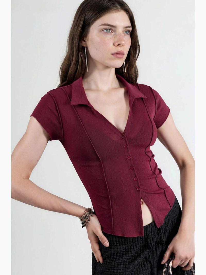 Camicia testurizzata a maniche corte con bottoni busem Rosso bordeaux - Kiabi