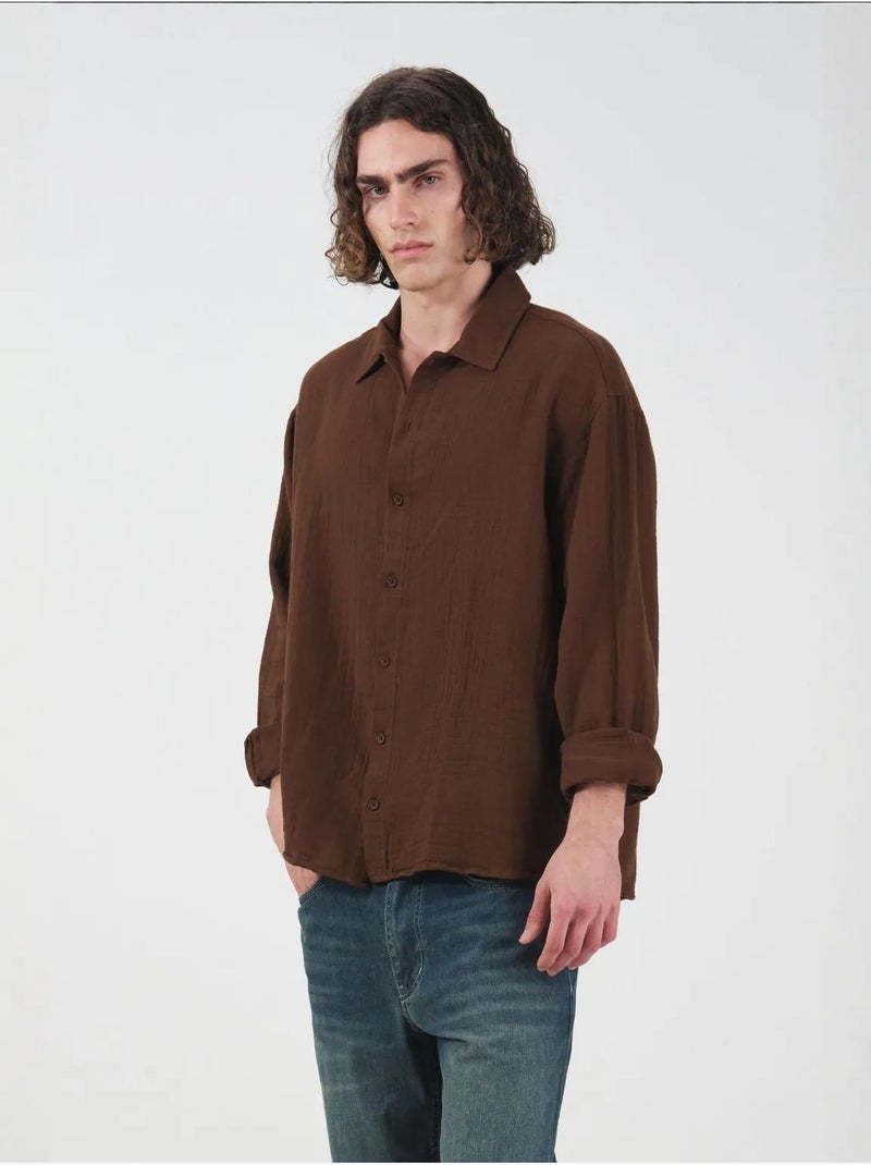 Camicia testurizzata in tessuto a maniche lunghe con bottoni giesto Marrone - Kiabi