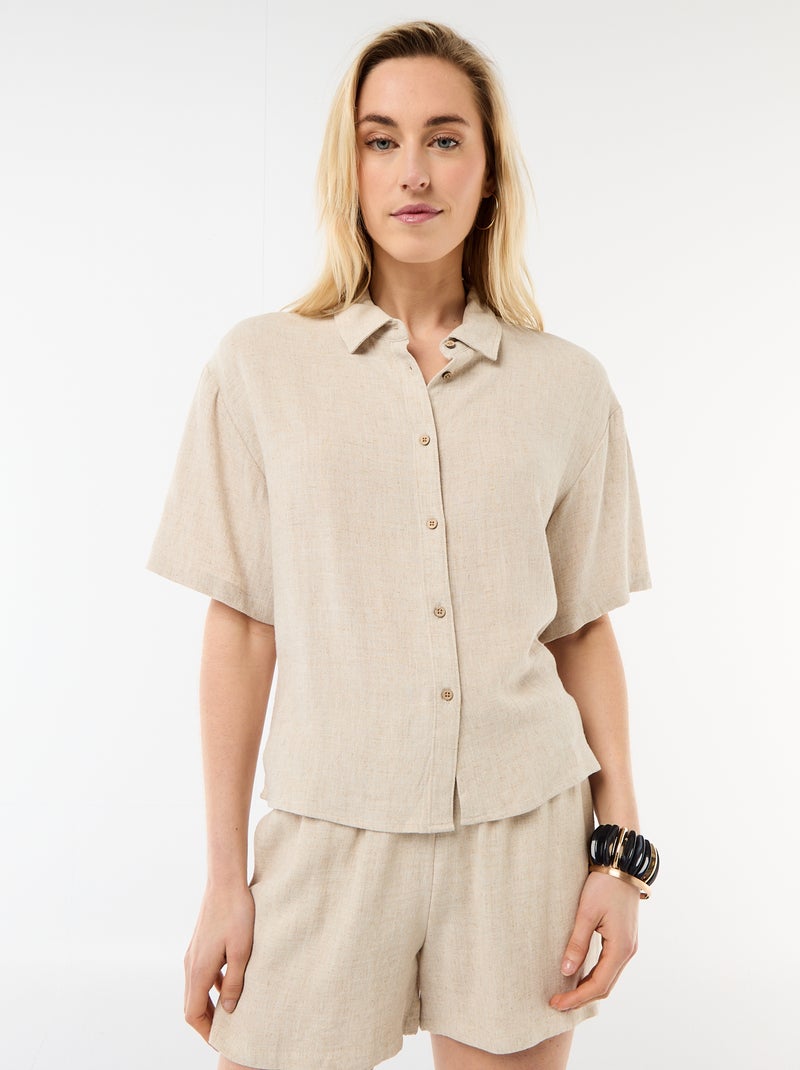 Camicia tinta unita a maniche corte Beige - Kiabi