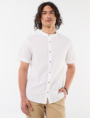 Camicia tinta unita a maniche corte e collo alla coreana in misto lino