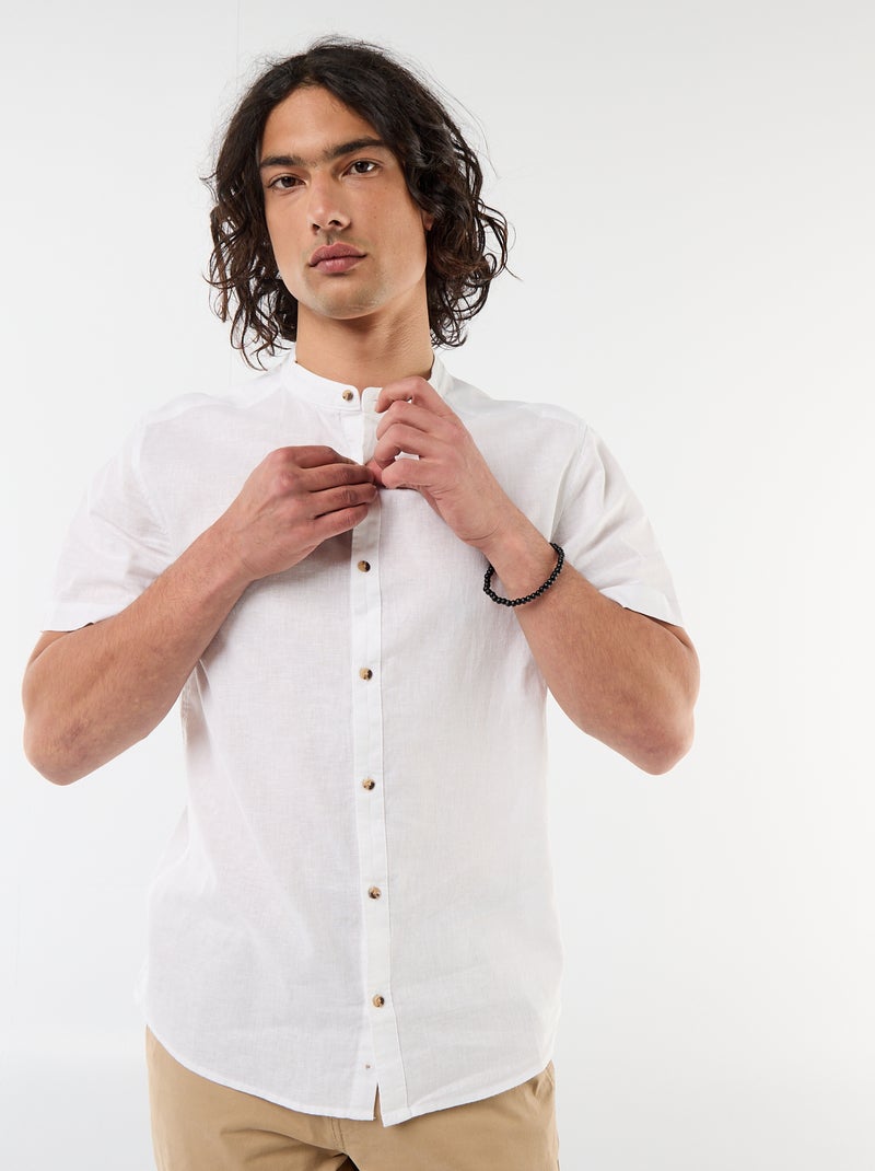 Camicia tinta unita a maniche corte e collo alla coreana in misto lino Bianco - Kiabi