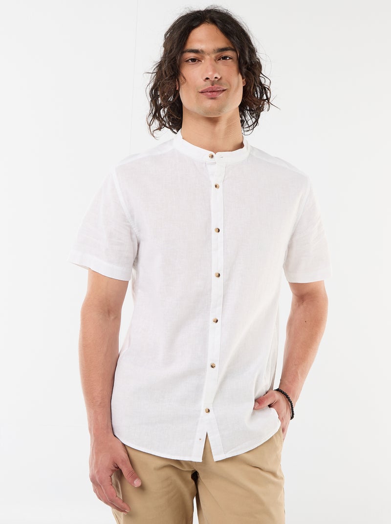 Camicia tinta unita a maniche corte e collo alla coreana in misto lino Bianco - Kiabi