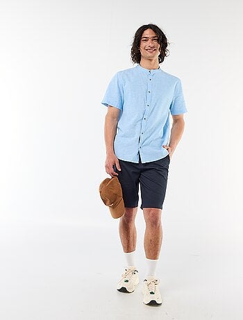 Camicia tinta unita a maniche corte e collo alla coreana in misto lino