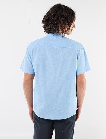 Camicia tinta unita a maniche corte e collo alla coreana in misto lino