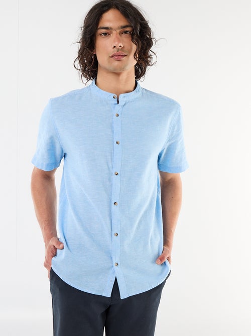 Camicia tinta unita a maniche corte e collo alla coreana in misto lino - Kiabi