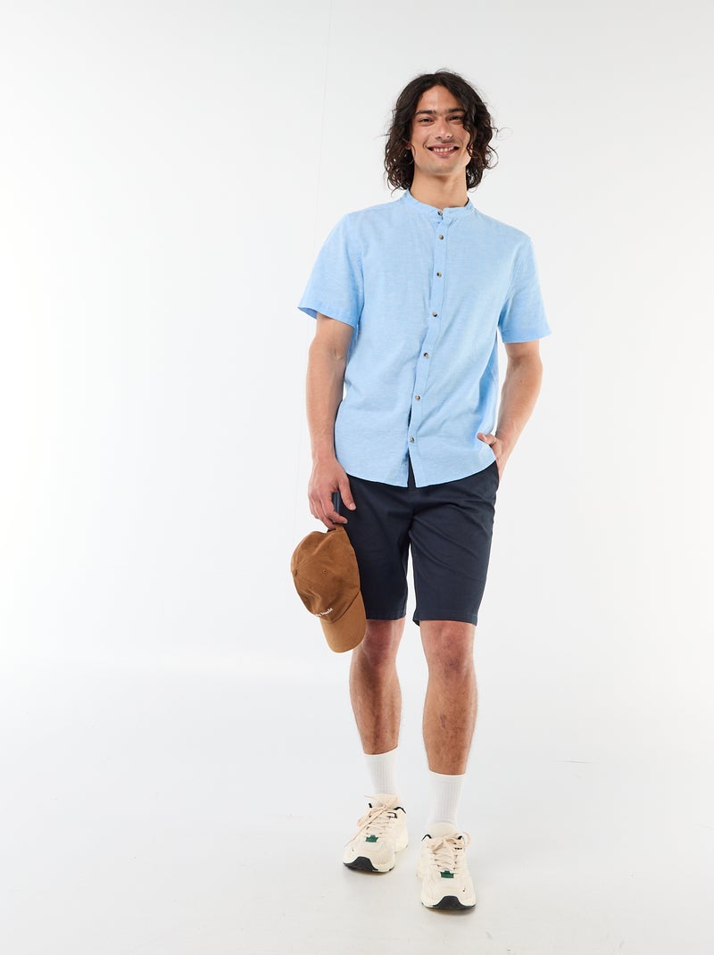 Camicia tinta unita a maniche corte e collo alla coreana in misto lino Blu - Kiabi
