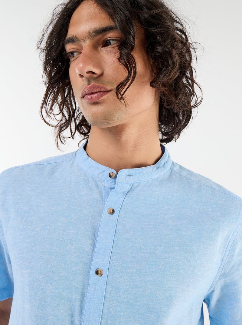 Camicia tinta unita a maniche corte e collo alla coreana in misto lino Blu - Kiabi