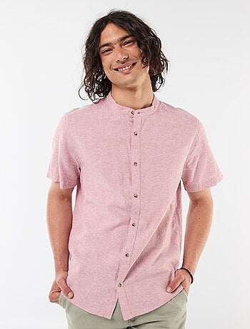 Camicia tinta unita a maniche corte e collo alla coreana in misto lino