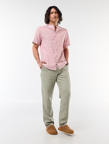 Camicia tinta unita a maniche corte e collo alla coreana in misto lino