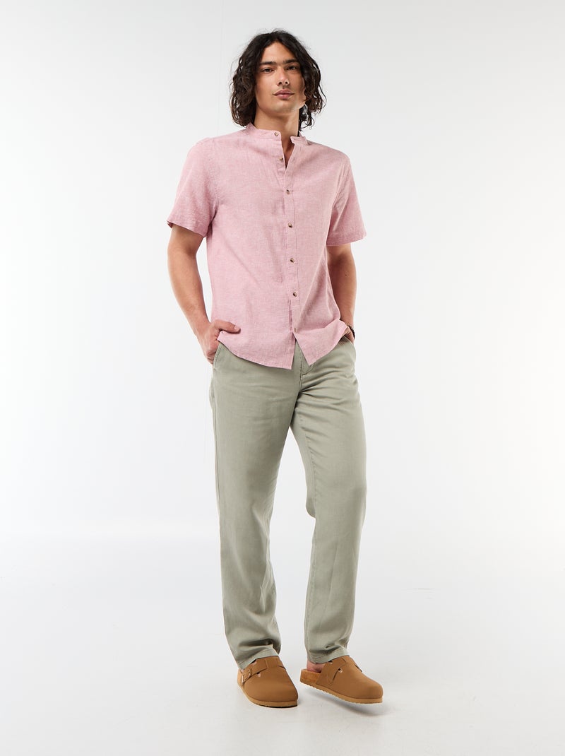Camicia tinta unita a maniche corte e collo alla coreana in misto lino Rosa - Kiabi