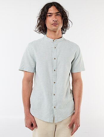 Camicia tinta unita a maniche corte e collo alla coreana in misto lino