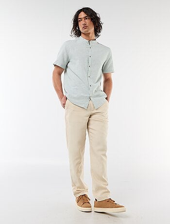 Camicia tinta unita a maniche corte e collo alla coreana in misto lino