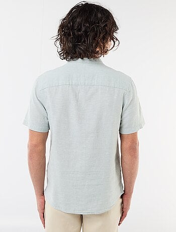 Camicia tinta unita a maniche corte e collo alla coreana in misto lino