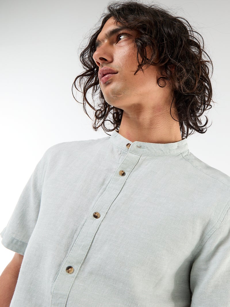 Camicia tinta unita a maniche corte e collo alla coreana in misto lino Verde - Kiabi