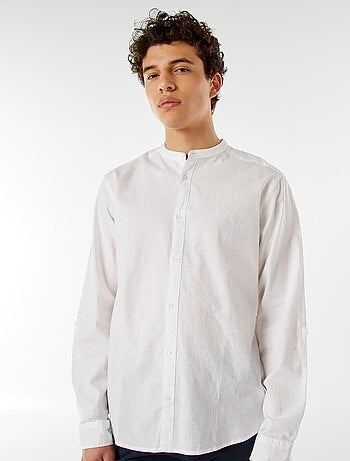 Camicia tinta unita con collo alla coreana e maniche arrotolabili